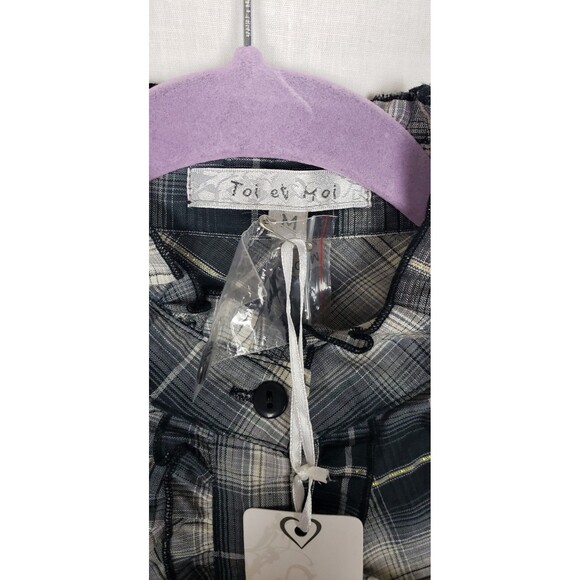 Toi Et Moi Boho Office Siren Blouse Top M Plaid Gray Black Ruffle Front Academia - Picture 3 of 5